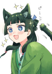+_+ 1girl :d animal_ears blue_eyes blush bow-shaped_hair cat_ears cat_girl cat_tail fang freckles green_hair green_kimono highres japanese_clothes kemonomimi_mode kimono kusuriya_no_hitorigoto long_hair maomao_(kusuriya_no_hitorigoto) mito_(go!go!king!) open_mouth saliva simple_background smile solo sparkle tail translation_request upper_body white_background