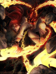 1girl angry blood chain glasses gold_chain impaled karin_(naruto) locked_arms looking_at_viewer naruto_(series) naruto_shippuuden prison_clothes red_hair rock sixfootdeep torn_clothes watermark wood