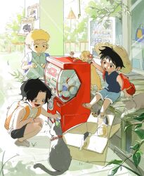 3boys aged_down backpack bag black_eyes black_hair blonde_hair brothers c_a_k_e cat character_doll day facial_scar freckles full_body hat highres looking_at_another male_focus missing_poster monkey_d._luffy multiple_boys one_piece outdoors plant portgas_d._ace sabo_(one_piece) scar scar_on_cheek scar_on_face short_hair siblings sitting squatting straw_hat tony_tony_chopper vending_machine