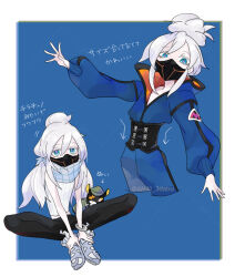 1other black_corset blue_background blue_eyes border bracelet colored_eyelashes corset dabu_(dabuchan) deux_murasame freckles gundam gundam_gquuuuuux hair_bun half_updo jewelry leggings long_hair looking_at_viewer mask mecha_pilot_suit mouth_mask multiple_views purple_pupils ribbed_tank_top scarf shoes simple_background solo_focus stuffed_animal stuffed_toy updo white_border white_eyelashes white_hair