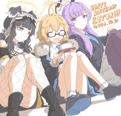3girls ahoge animal_ears birthday_cake black_hair black_sweater blonde_hair blue_archive blush boots cake chest_harness closed_eyes collared_shirt dated dog_ears dog_girl double-parted_bangs engineering_department_(blue_archive) fishnets food fur-trimmed_jacket fur_trim glasses goggles goggles_on_head halo happy_birthday hariyaa harness hibiki_(blue_archive) highres holding holding_cake holding_food jacket kotori_(blue_archive) long_hair looking_at_another low_twintails multiple_girls necktie off_shoulder open_clothes open_jacket pantyhose pleated_skirt purple_eyes purple_hair shirt shoes short_hair sitting skirt sneakers sweater twintails utaha_(blue_archive) wavy_hair