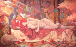 1girl animal animal_ears apple arm_support autumn autumn_leaves bird breasts capoeira66 cat cat_ears chameleon collarbone completely_nude deer dove easel food fruit full_body highres leaf loafers looking_to_the_side lying medium_breasts navel nipples nude on_side original painting_(object) pangolin red_hair red_theme shoebill shoes short_hair sloth_(animal) snake yellow_eyes