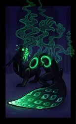 ambiguous_green_liquid black_background black_teeth blue_background colored_teeth creature cyan_lizard_(rain_world) dragon green_eyes green_steam highres lizard lizard_(rain_world) looking_up monster no_humans notecardpasta patterned_eyes rain_world sharp_teeth steam teeth