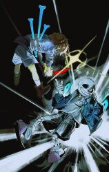 1boy 1other absurdres androgynous battle black_sclera black_shorts blackmaro1 blue_jacket blue_shirt bone brown_hair colored_sclera frisk_(undertale) gloves glowing glowing_eye grin hands_in_pockets highres holding holding_knife jacket knife pink_slippers sans_(undertale) shirt shoes short_hair shorts skeleton slippers smile stab striped_clothes striped_shirt sweater teeth undertale weapon white_gloves