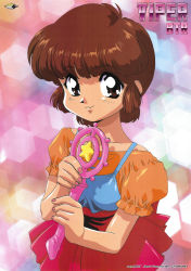 1990s_(style) 1girl absurdres brown_eyes brown_hair child copyright_name cyomi highres holding holding_wand looking_at_viewer official_art phallic_symbol red_skirt retro_artstyle scan short_hair short_sleeves skirt smile solo viper_(series) viper_btr wand