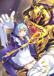1girl :o absurdres apron aqua_hair blush dragonmaid_(yu-gi-oh!) dress duel_monster eldlich_the_golden_lord highres holding holding_unworn_clothes holding_panties holding_underwear holding_unworn_clothes kanzakietc laundry_dragonmaid maid maid_apron panties short_hair size_difference spiral staff surprised underwear white_panties yellow_eyes yu-gi-oh!