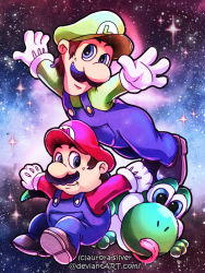 2boys blue_eyes brothers brown_hair dinosaur facial_hair gloves hat looking_at_viewer luigi mario mario_(series) multiple_boys mustache nintendo overalls siblings space super_mario_bros._1 super_mario_world tail tongue tongue_out yoshi