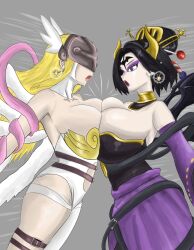 Rule 34 | 2girls, accidental touch, angewomon, breast press, breasts, breasts squeezed together, digimon, digimon (creature), dragon ball, earrings, fusion, gattai, highres, huge breasts, jewelry, large breasts, lilithmon, multiple girls, non-web source, potara earrings, surprised, symmetrical docking
