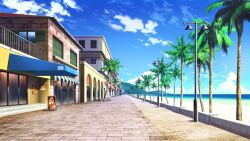 beach blue_sky brick_road cloud cloudy_sky day display_board highres lamppost mountain no_humans non-web_source ocean official_art our_life:_beginnings_and_always outdoors palm_tree railing road scenery sky street tree variant_set window_shutter
