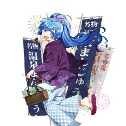 1girl ahoge bag banner barefoot basket_bag blue_eyes blue_hair breasts food from_side hairband holding holding_bag jacket japanese_clothes kimono large_breasts long_hair long_sleeves nobori pink_sandals poseidon_(uchihime) print_jacket print_kimono purple_hairband purple_jacket rowe sandals side_ponytail steamed_bun uchi_no_hime-sama_ga_ichiban_kawaii yukata
