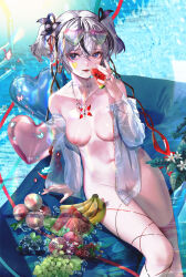 1girl absurdres alternate_costume banana bare_shoulders black_eyes black_flower black_ribbon blueberry breasts camellya_(wuthering_waves) chinese_commentary collarbone commentary commentary_request dragon_fruit earrings eating eyewear_on_head feet_out_of_frame flower flower_on_chest food fruit grapes groin hair_between_eyes hair_flower hair_ornament hair_ribbon hair_vines heart heart-shaped_eyewear heart_sticker highres holding holding_food holding_fruit jacket jewelry jin_sumire large_variant_set looking_ahead looking_at_viewer medium_breasts multicolored_hair navel necklace nipples nude open_clothes open_shirt peach pussy raspberry red_pupils ribbon see-through_clothes see-through_jacket shirt short_hair short_twintails sidelocks sitting solo sticker_on_face stomach streaked_hair tacet_mark_(wuthering_waves) twintails uncensored variant_set watermelon watermelon_slice white_hair white_shirt wuthering_waves