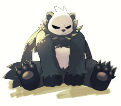claws closed_eyes closed_mouth fangs full_body gen_6_pokemon highres kinoshita_jiroh mouth_hold nintendo no_humans pangoro pawpads pokemon pokemon_(creature) simple_background sitting solo stalk_in_mouth white_background
