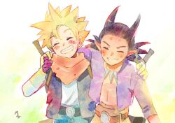 Rule 34 | 2boys, arm around shoulder, belt, black vest, blonde hair, blue pants, closed eyes, commentary request, dragon quest, dragon quest builders 2, faux traditional media, gloves, gradient background, grin, hair horns, jewelry, kotone ranmaru, low ponytail, male builder (dqb2), male focus, midriff, multiple boys, neckerchief, necklace, open clothes, open shirt, orange neckerchief, orange pants, pants, pointy ears, ponytail, purple shirt, red belt, red gloves, scratches, shirt, short hair, sidoh (dqb2), smile, spiked hair, tooth necklace, torn clothes, upper body, vest, weapon, weapon on back, white background, white shirt, yellow background, yellow gloves