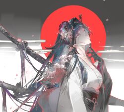 1girl absurdres arknights black_gloves black_hair black_kimono blue_eyes flower gloves gongzuotianxiadiyi hair_flower hair_intakes hair_ornament hair_wings highres japanese_clothes katana kimono long_hair long_sleeves looking_at_viewer mio_(arknights) neck obi obiage obijime parted_lips sarashi sash solo sword two-tone_kimono upper_body weapon white_kimono