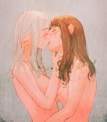 2girls absurdres asimov_(spindle_(aidenr0)) blush breasts brown_hair closed_eyes couple french_kiss from_behind hand_on_another&#039;s_chin head_tilt highres kiss long_hair medium_breasts multiple_girls nude original ottilie_(spindle_(aidenr0)) showering spindle_(aidenr0) uncensored upper_body white_hair yuri