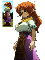 1girl belt blush breasts brown_belt brown_hair brown_shoes cremia day heart highres large_breasts laz_gm long_hair neckerchief nintendo outdoors pink_skirt shirt shirt_tucked_in shoes simple_background skirt smile the_legend_of_zelda the_legend_of_zelda:_majora&#039;s_mask white_background white_shirt yellow_neckerchief
