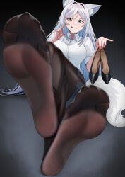 1girl :q absurdres animal_ears blue_eyes feet highres holding holding_shoes long_hair looking_at_viewer miniskirt office_lady original pantyhose shoes skirt soles tail toes tongue tongue_out tsa unworn_shoes white_hair wolf_ears wolf_girl wolf_tail