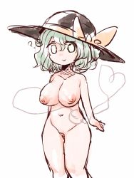 1girl ? absurdres breasts c: cleft_of_venus closed_mouth cowboy_shot eyeball green_eyes hair_between_eyes highres komeiji_koishi light_green_hair looking_at_viewer medium_hair nipples nude simple_background smile solo third_eye touhou wavy_hair white_background yanaiba_(shishamohurai)