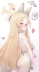 1girl :&lt; animal_ear_fluff animal_ears apron artist_name ass blonde_hair blue_archive blush breasts commentary completion_time cowboy_shot cross_halo dated ear_wreath english_commentary flower fox_ears fox_girl from_behind hair_flower hair_ornament halo heart highres loli long_hair looking_at_viewer looking_back mixed-language_commentary naked_apron nose_blush orange_eyes seia_(blue_archive) simple_background small_breasts solo spoken_heart ticker_(kks2ksy) very_long_hair white_apron white_background yellow_halo