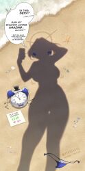 1girl analog_clock beach bikini black_bow black_hat blue_bikini bow clock dressed_shadow_(meme) english_text halo hat highres holding holding_phone hololive hololive_english kronie_(ouro_kronii) meme mini_hat mini_top_hat motion_lines myth1carts ouro_kronii outdoors phone sand shadow shell speech_bubble starfish swimsuit thigh_gap top_hat twitter_strip_game unworn_bikini unworn_bow