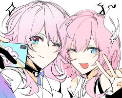 Rule 34 | 2girls, ;), blue eyes, chinese commentary, commentary request, cyrene (honkai: star rail), hair ornament, highres, holding, holding phone, honkai: star rail, honkai (series), march 7th (honkai: star rail), march 7th (preservation) (honkai: star rail), medium hair, multicolored eyes, multicolored hair, multiple girls, one eye closed, open mouth, phone, pink hair, pink pupils, qingzhengtanmu, selfie, shirt, simple background, smile, two-tone eyes, two-tone hair, upper body, v, white background, white hair, white shirt