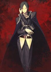 Rule 34 | 1boy, ascot, belt, bishounen, black hair, blue cape, blue jacket, blue pants, brown belt, cape, closed mouth, collared shirt, dress pants, fate/grand order, fate (series), feet out of frame, glasses, gloves, hand up, jacket, legs together, long sleeves, looking at viewer, male focus, medium hair, official art, pants, parted bangs, phantom of the opera (fate), red background, red eyes, revision, shima udon, shirt, solo, standing, third-party source, variant set, white ascot, white gloves, white shirt, wing collar
