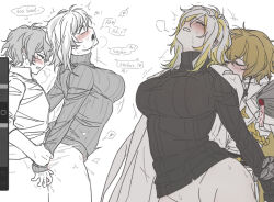 1boy 1girl black_sweater blonde_hair blush breasts clenched_teeth closed_eyes collared_shirt earrings english_text faust_(project_moon) hetero jewelry large_breasts limbus_company multicolored_hair n_corp._fanatic_(identity)_(project_moon) ohzv project_moon ribbed_sweater sex sex_from_behind shirt short_hair sinclair_(project_moon) speech_bubble streaked_hair sweater teeth wax_seal white_hair