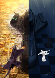 absurdres ace_combat ace_combat_7 aircraft airplane alicorn_(ace_combat) battle chess_piece chessboard f-15_eagle fighter_jet highres military military_vehicle missile mother_ship no_humans ocean realistic science_fiction signature spacecraft submarine submarine_aircraft_carrier thompson_(solowingfh) vehicle_focus water watercraft