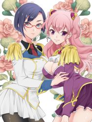 10s 2girls aqua_eyes bad_id bad_pixiv_id bare_legs black_legwear blue_hair breasts charlotte_scherzen charlotte_shalzen cleavage cleavage_cutout clothing_cutout ebisu_yunogi epaulettes female_focus floral_background flower gem glasses hair_ornament jewelry large_breasts legs lips long_hair looking_at_viewer multiple_girls neck necktie pantyhose pink_hair pleated_skirt purple_eyes purple_skirt purple_uniform red-framed_eyewear red_gemstone red_neckwear serious shigure_kasumi short_hair skirt smile two_side_up valkyrie_drive valkyrie_drive_-mermaid- white_skirt white_uniform yuri