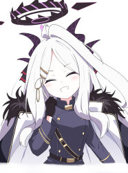 Rule 34 | 1girl, absurdres, ahoge, black coat, black halo, blue archive, coat, coat on shoulders, demon girl, demon horns, halo, hayoo ww, highres, hina (blue archive), horns, long hair, looking at viewer, simple background, smile, solo, upper body, white background, white hair