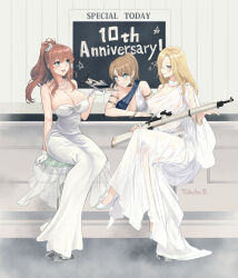 Rule 34 | 3girls, absurdres, airplane, alternate costume, alternate hair ornament, bar stool, blonde hair, blue eyes, blue sash, bolt action, breasts, brown hair, dress, earrings, english text, gloves, gun, hair between eyes, hair ornament, hair scrunchie, high heels, high side ponytail, highres, holding, holding gun, holding weapon, hoop earrings, hornet (kancolle), intrepid (kancolle), jewelry, kantai collection, large breasts, light brown hair, long hair, m1903 springfield, military vehicle, model airplane, multiple girls, necklace, odachu, ponytail, propeller fighter, rifle, saratoga (kancolle), sash, scrunchie, short hair, side ponytail, sidelocks, sitting, sleeveless, sleeveless dress, stool, strapless, strapless dress, weapon, white dress, white footwear, white gloves, white scrunchie
