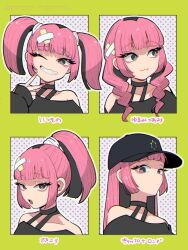 1girl alternate_hairstyle bandaid bandaid_hair_ornament bare_shoulders black_eyes black_hair black_shirt blunt_bangs braid colored_inner_hair coral_(pokemon) eyelashes fang hair_down hair_ornament highres long_hair mogutory multicolored_hair multiple_expressions nintendo pink_hair pink_nails pokemon pokemon_(anime) pokemon_horizons ponytail shirt teeth twin_braids twintails two-tone_hair upper_body v