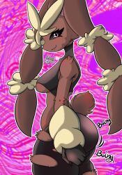 1girl :3 animal_nose arm_at_side artist_name bare_shoulders black_pantyhose black_sclera black_sports_bra blush body_fur bouncing_ass breasts brown_fur closed_mouth colored_sclera cowboy_shot female_focus from_side furry furry_female gen_4_pokemon grabbing_own_ass happy highres long_ears looking_at_viewer lopunny m0nell medium_breasts mega_lopunny mega_pokemon motion_lines nintendo outline pantyhose pink_background pink_eyes pokemon pokemon_(creature) profile rabbit_ears rabbit_girl rabbit_tail short_tail signature smile solo sports_bra standing tail thick_thighs thighs torn_clothes torn_pantyhose two-tone_fur underboob white_outline yellow_fur
