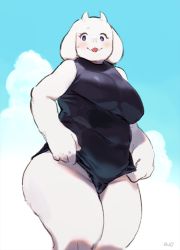 1girl :3 adjusting_clothes adjusting_swimsuit alternate_costume animal_ears artist_name bare_shoulders bebebe black_one-piece_swimsuit blue_sky blush breasts cameltoe cloud covered_navel day fangs female_focus furry furry_female goat_ears goat_horns groin horns large_breasts legs_together mature_female nervous one-piece_swimsuit open_mouth outdoors plump purple_eyes signature sky smile solo standing sweat swimsuit thick_thighs thighs toriel undertale wide_hips