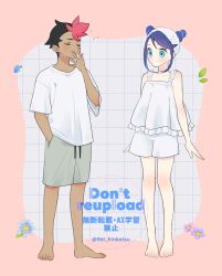 1boy 1girl barefoot black_hair blue_eyes blush closed_eyes closed_mouth collarbone eyelashes hand_in_pocket hand_up highres liko_(pokemon) multicolored_hair nintendo open_mouth pink_hair pokemon pokemon_(anime) pokemon_horizons rei_hinketsu roy_(pokemon) shirt short_hair short_sleeves shorts sleeveless sleeveless_shirt smile squeans standing toes twitter_username two-tone_hair watermark white_shirt white_shorts yawning