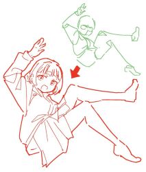 1girl :d blunt_bangs guide how_to long_sleeves monochrome oekakiism open_mouth original school_uniform serafuku short_hair skirt smile white_background