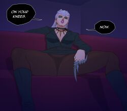1girl absurdres aqua_eyeshadow black_boots black_jacket black_panties black_pantyhose boots claw_(weapon) earrings english_text evelynn_(league_of_legends) eyeshadow fake_claws hair_horns highres hoop_earrings jacket jewelry k/da_all_out_evelynn league_of_legends long_hair looking_at_viewer makeup orange_eyes panties panties_under_pantyhose pantyhose peppr_n&#039;_salt sitting speech_bubble spread_legs underwear weapon white_hair