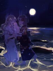2girls artist_name bang_dream! bang_dream!_it&#039;s_mygo!!!!! barefoot black_kimono black_ribbon blue_hair closed_eyes commentary floral_print floral_print_kimono flower grey_hair hair_flower hair_ornament hair_ribbon hand_on_another&#039;s_face highres holding_hands interlocked_fingers japanese_clothes kimono long_hair maigosho moon multiple_girls night ocean open_mouth print_kimono red_flower ribbon short_hair smile takamatsu_tomori togawa_sakiko two_side_up wading white_kimono yuri