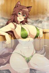 Rule 34 | 1girl, animal ears, barefoot, bathing, blue eyes, blush, breasts, brown hair, choujin koukousei-tachi wa isekai demo yoyuu de ikinuku you desu!, commentary, english commentary, fang, feet in water, large breasts, leaf bikini, lindaroze, long hair, looking at viewer, onsen, open mouth, sitting, smile, solo, tail, wariza, winona, winowa (choyoyu), wolf girl