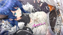 1boy 1girl absurdres arknights bison_(arknights) black_jacket black_scarf blue_eyes blue_hair breasts cleavage cum demon_girl demon_horns fallen_angel fur-trimmed_hood fur-trimmed_jacket fur_trim halo heart hetero highres hood horns jacket kurarome large_breasts mostima_(arknights) paizuri paizuri_under_clothes precum scarf shirt smile translation_request white_shirt