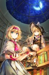 2girls alice_margatroid apron arm_support ascot black_dress black_footwear black_headwear blonde_hair blue_dress blue_eyes book bookshelf boots bow bowtie braid capelet closed_mouth commentary_request dome dress frilled_ascot frills from_below grimoire grimoire_of_alice hair_between_eyes hair_bow hairband hat highres holding holding_book holding_lantern indoors kirisame_marisa ladder lantern library lolita_hairband long_hair mitsunara moon multiple_girls neckwear_request night night_sky oil_lamp pink_hairband purple_bow purple_neckwear red_ascot sash shelf short_hair short_sleeves single_braid sitting sky touhou waist_apron white_bow witch_hat wrist_cuffs yellow_eyes
