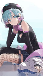 Rule 34 | 1girl, absurdres, beret, black sleeves, blue background, blue eyes, blue hair, breasts, cleavage cutout, clothing cutout, detached sleeves, fishnet thighhighs, fishnets, gradient background, hat, heart cutout, highres, looking at viewer, mac star, medium breasts, multicolored hair, original, pink hair, plaid clothes, plaid skirt, sitting, skirt, solo, thighhighs, two-tone hair