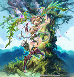 Rule 34 | 1girl, animal ear fluff, animal ears, armpits, arrow (projectile), bird, bow (weapon), breasts, brown hair, cat ears, cat girl, cat tail, cloud, cloudy sky, copyright notice, feuille (z/x), flower, full body, gloves, green eyes, hair flower, hair ornament, highres, holding, holding arrow, holding bow (weapon), holding weapon, hori airi, official art, outdoors, purple gloves, quiver, short hair, sky, solo, tail, teeth, tree, underboob, upper teeth only, weapon, z/x
