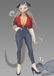 1boy 1girl absurdres arm_at_side belt black_nails cigarette collared_shirt colored_sclera dragon_girl dragon_horns furry furry_female gradient_background hand_in_pocket high-waist_pants high_heels highres holding holding_cigarette horns jewelry kadim kissing_foot necklace original pants pinstripe_pants pinstripe_pattern red_sclera red_shirt shirt shirt_tucked_in signature smoke smoking tail white_scales wings