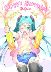 1girl aqua_eyes aqua_hair bad_id bad_pixiv_id bottle female_focus happy_birthday hatsune_miku highres long_hair nac000 nail_polish navel one_eye_closed open_mouth short_shorts shorts solo thighhighs twintails very_long_hair vocaloid wink