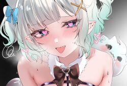 1girl acedia alternate_costume bare_arms bare_shoulders blue_bow blue_eyes blunt_bangs bow bowtie breasts breath brown_bow brown_bowtie cleavage close-up commentary commentary_request covered_navel detached_collar english_commentary fang gradient_background gradient_hair green_hair hair_bow hair_ornament hairclip heart heart-shaped_pupils highres indie_virtual_youtuber leotard looking_at_viewer maid_headdress medium_breasts mint_fantome mixed-language_commentary motion_lines multicolored_hair paid_reward_available playboy_bunny pointy_ears short_hair sitting solo symbol-shaped_pupils tilted_headwear tongue tongue_out triangular_headpiece two_side_up virtual_youtuber wavy_hair white_hair wisps_(mint_fantome) x_hair_ornament