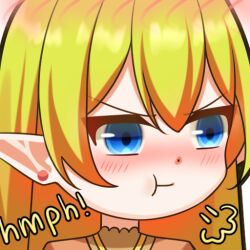 1girl :t blonde_hair blue_eyes blush chibi closed_mouth commission commissioner_upload dress earrings elf emoji emoticon english_text hair_between_eyes jewelry long_hair lori_hagami lotte_farona official_art pointy_ears pout smile solo upper_body v-shaped_eyebrows ways_of_darkness_(series)