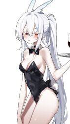 1girl absurdres animal_ears bare_shoulders black_leotard black_ribbon blue_streaks blush breasts closed_mouth colored_eyelashes covered_navel danbal highres holding holding_tray len_(maplestory) leotard long_hair looking_at_viewer maplestory playboy_bunny rabbit_ears rabbit_girl red_eyes ribbon side_ponytail simple_background thighs tray white_background white_eyelashes white_hair