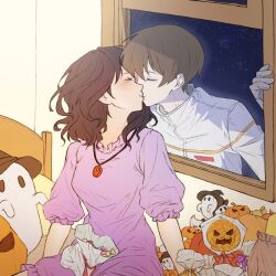 Rule 34 | 1boy, 1girl, bakbegae, black hair, blush, breasts, brown hair, candy, closed mouth, commentary request, dress, food, gloves, grey gloves, halloween, hetero, indoors, jabuchi you, jewelry, kiss, korean commentary, lollipop, medium hair, necklace, night, night sky, puffy short sleeves, puffy sleeves, purple dress, saibou shinkyoku, shirt, short hair, short sleeves, sky, small breasts, smile, star (sky), starry sky, stuffed ghost, stuffed toy, swirl lollipop, through window, white shirt, yanagi nina