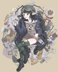 1girl absurdres alcohol antennae ashtray assault_rifle bandaid bandaid_on_leg black_boots black_hair black_thighhighs blue_jacket bonetaker2 boots bottle bowl braid bug can cigarette cigarette_pack coffee coffee_mug combat_helmet commentary crushed_can cup egg egg_carton elf elfinpsyop english_commentary explosive fish fly food fried_egg goggles goggles_on_headwear green_eyes green_hair green_thighhighs grenade grey_shirt gun helmet highres holding holding_bottle indie_virtual_youtuber insect jacket ketchup ketchup_bottle knife long_hair looking_at_viewer low_twin_braids lying mug multicolored_hair noodles on_back pointy_ears ramen red_bull rifle shirt smirnoff_(vodka) softboiled_egg solo streaked_hair striped_clothes striped_thighhighs stuffed_animal stuffed_toy thighhighs trash_bag twin_braids very_long_hair virtual_youtuber vodka weapon